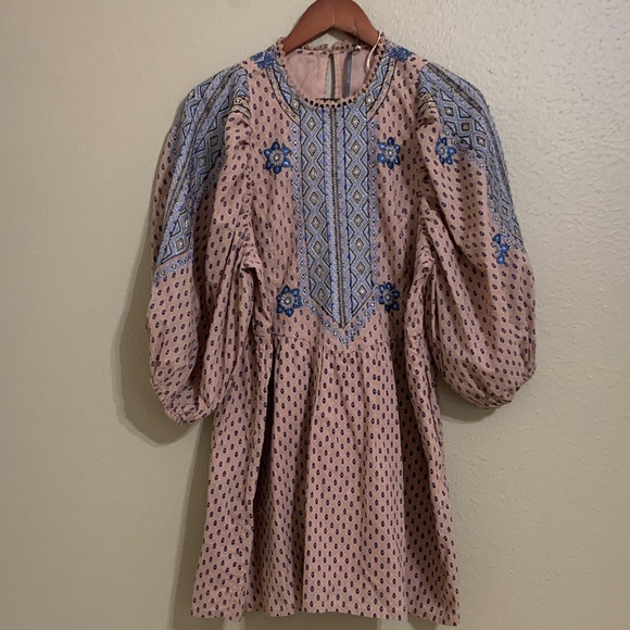 New Anthropologie Women’s Embroidered Mini Dress Blue Peach Coastal Cowgirl M - Picture 2 of 13